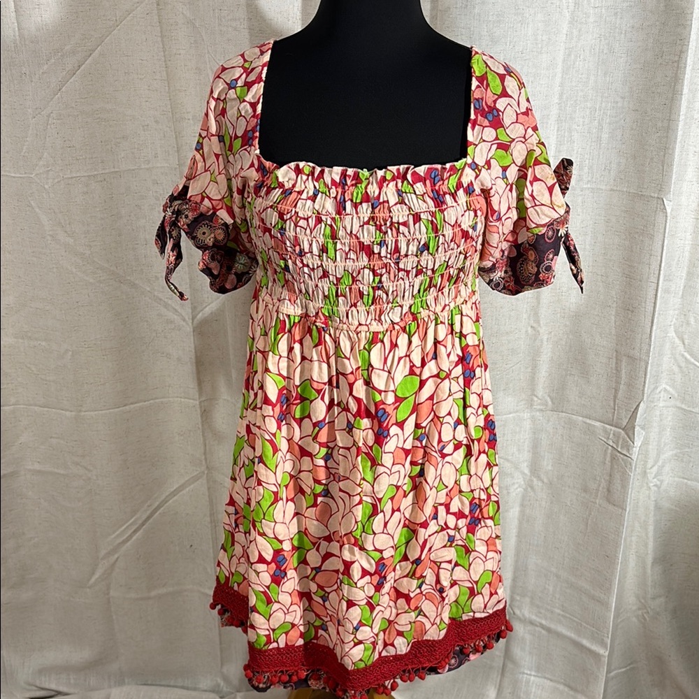 Vintage 90s/Y2K Blue Plate Floral Smocked Minidress